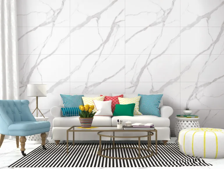 Marble tiles with gold veining for a sophisticated living room design